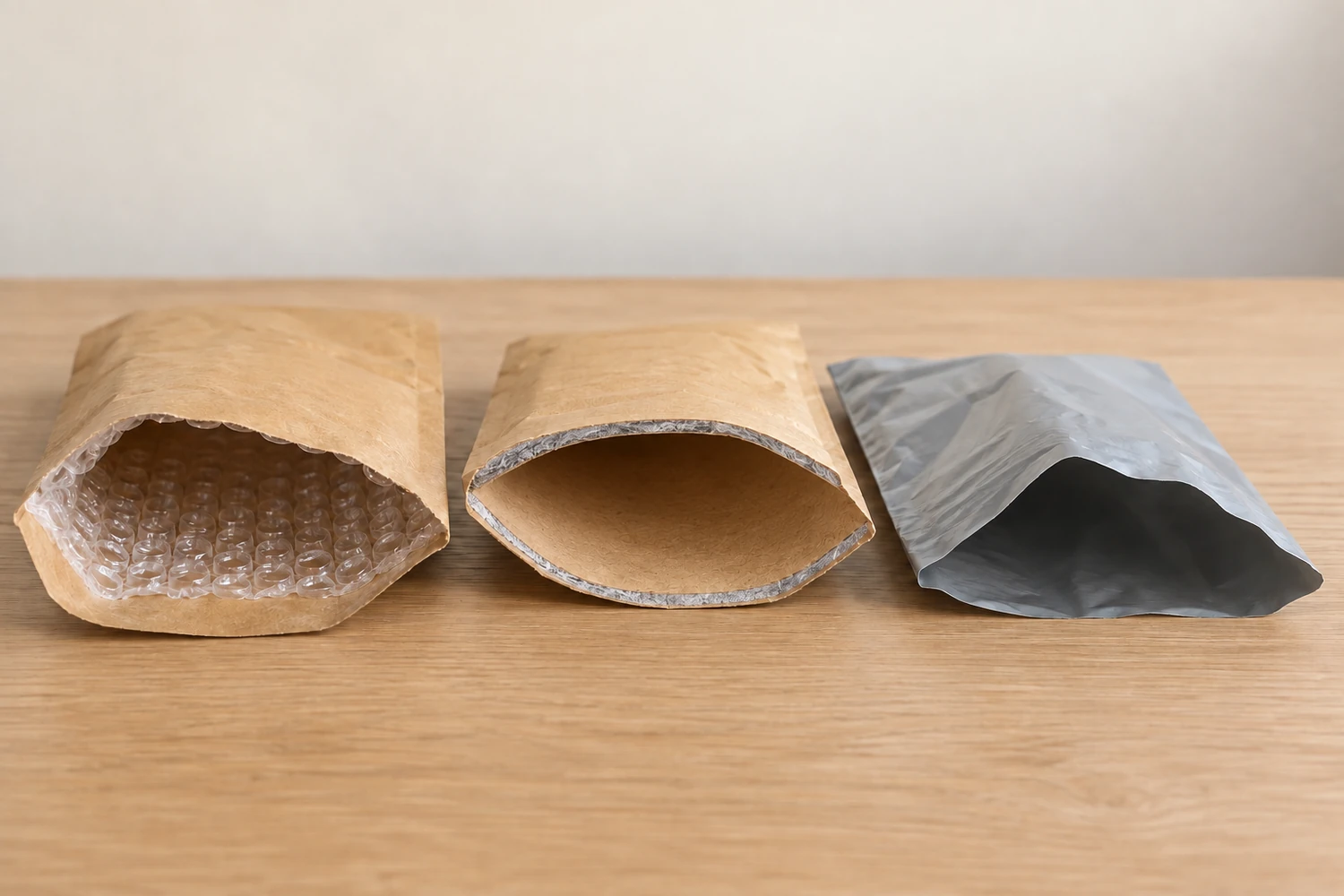 Three opened mailers on a wooden table: a kraft mailer lined with clear plastic bubbles, a kraft mailer with a padded paper wall, and a plain grey poly mailer