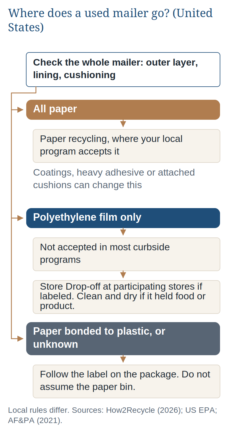 Flow chart for US disposal of a used mailer: check the whole mailer; all-paper mailers go to paper recycling where the local program accepts them; polyethylene film is not accepted in most curbside programs and goes to Store Drop-off at participating stores if labeled, clean and dry if it held food or product; paper bonded to plastic or unknown construction follows the package label